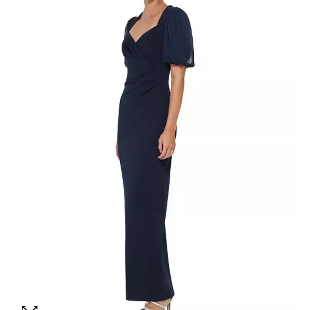 DKNY V-Neck Puff-Sleeve Mixed Media Dress - Size 10